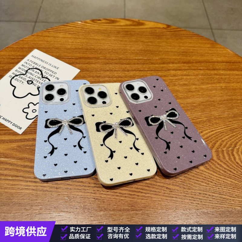 Imd Glitter Stereo Diamond Bow Mobile Phone Case Suitable for Apple 161514Promax Heart Pure Color Protection