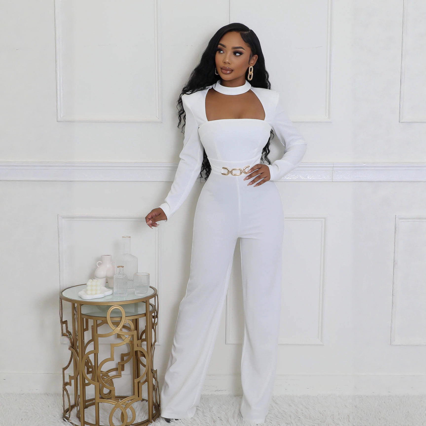 Aj4933 Cross-Border Supply European and American Clothing, Personalized and Elegant Scarf, Long-Sleeved Wide-Leg Jumpsuit