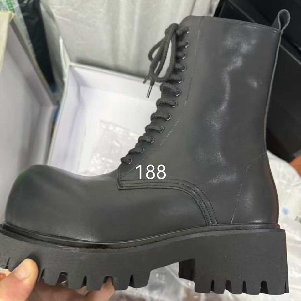 炫酷翘头中筒马丁靴2024秋冬男女款粗跟大圆头增高厚底系带工装靴