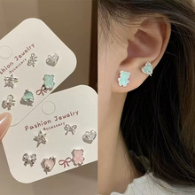 时尚韩版滴油鎏金小熊耳钉套装女百搭甜美可爱镶钻精致蝴蝶结耳饰