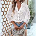 欧美亚马逊2025春夏新款女式上衣时尚V领蕾丝镂空刺绣长袖衬衫女