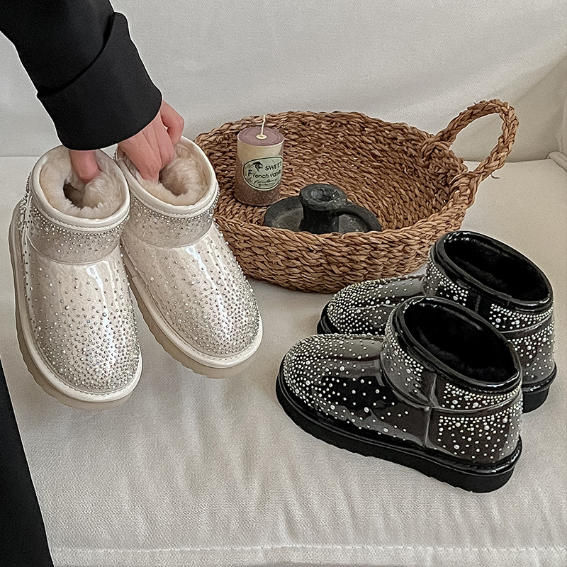 Korean Style Bright Diamond Snow Boots Cotton Shoes 2025 New Winter Short Boots Fleece-Lined Kidsren's Snow Boots Girls Winter Shoes