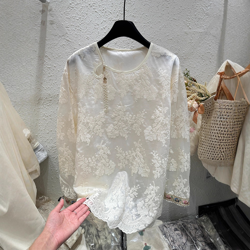 New Chinese Style National Style Embroidered Lace Shirt Pearl Tassel Decorative Top Women's 2025 Early Spring New Long-Sleeved Shirt Trendy
