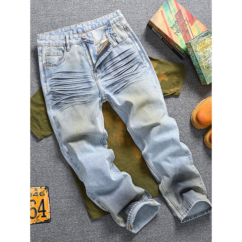 Men's Vintage Washed Jeans - Relaxed Straight-Leg High Street Denim Pants With Wave Crease Design, Light Blue_mkmklike.com