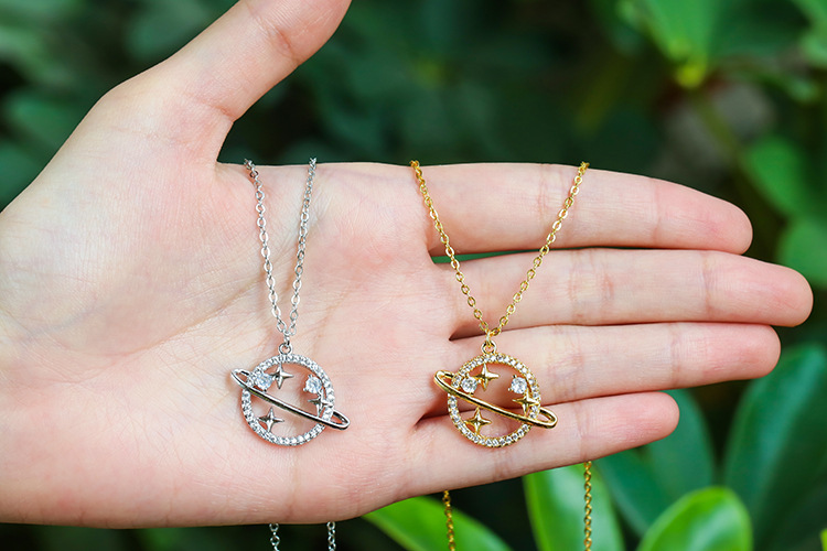 Copper Material Geometric Pattern Korean Style Simple Planet Pendant Clavicle Chain Necklace