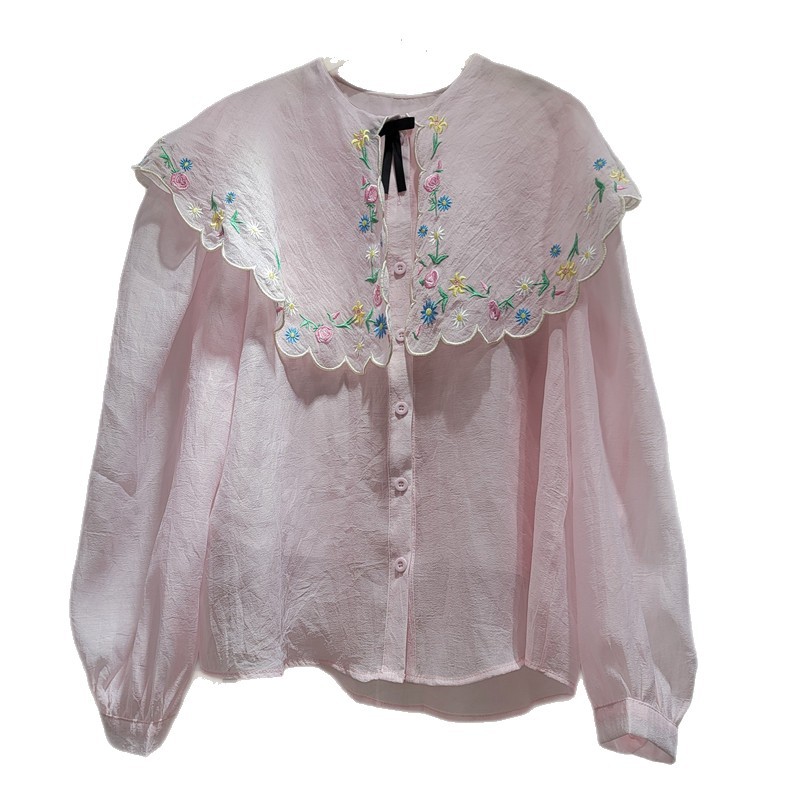 Conjunto de 2 Piezas de Camisa con Cuello Bebé para Mujer de Poliéster con Bordado Floral para Verano image 5