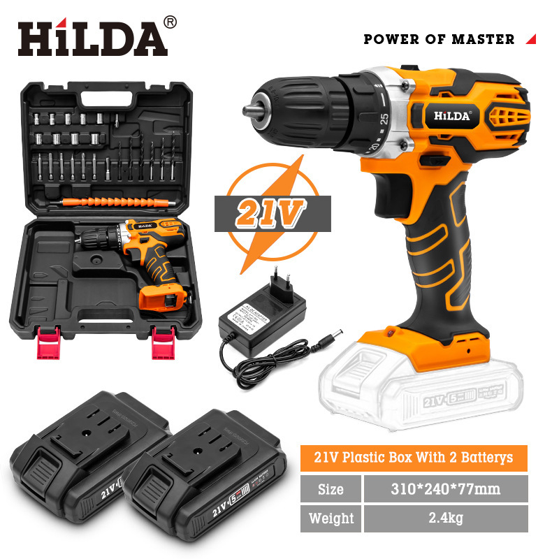 Hilda en stock taladro eléctrico de litio recargable multifunción herramienta eléctrica taladro de impacto taladro de mano al por mayor destornillador