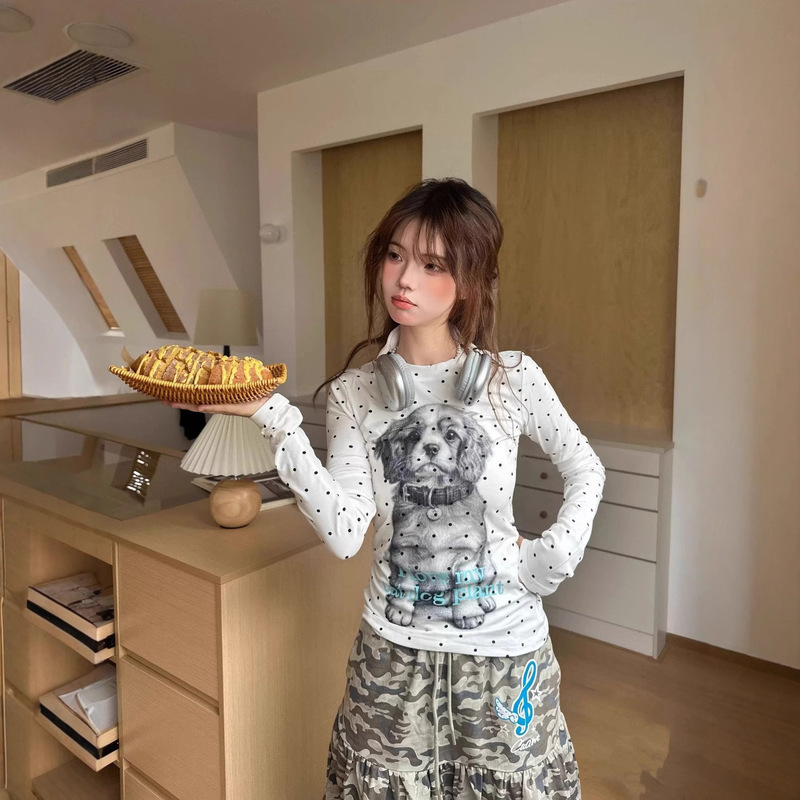 美式复古小狗波点印花修身长袖T恤女生早秋超火减龄百搭别致上衣|undefined