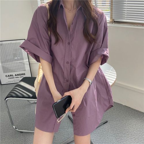 Women's Loose Blue Short-Sleeve Shirt, Korean Style, Medium-Long Length, BF Style Top, Stylish and Fashionable Shirt Dress