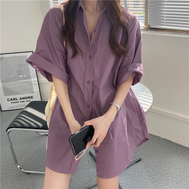 Short-sleeved Blue Shirt Women's Shirt Coat Korean-style Loose Mid-length BF-style Top Trendy Shirt Dress