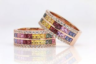 Natural Color Sapphire Ruby Ring 14K Gold Inlay Row Ring Jewelry