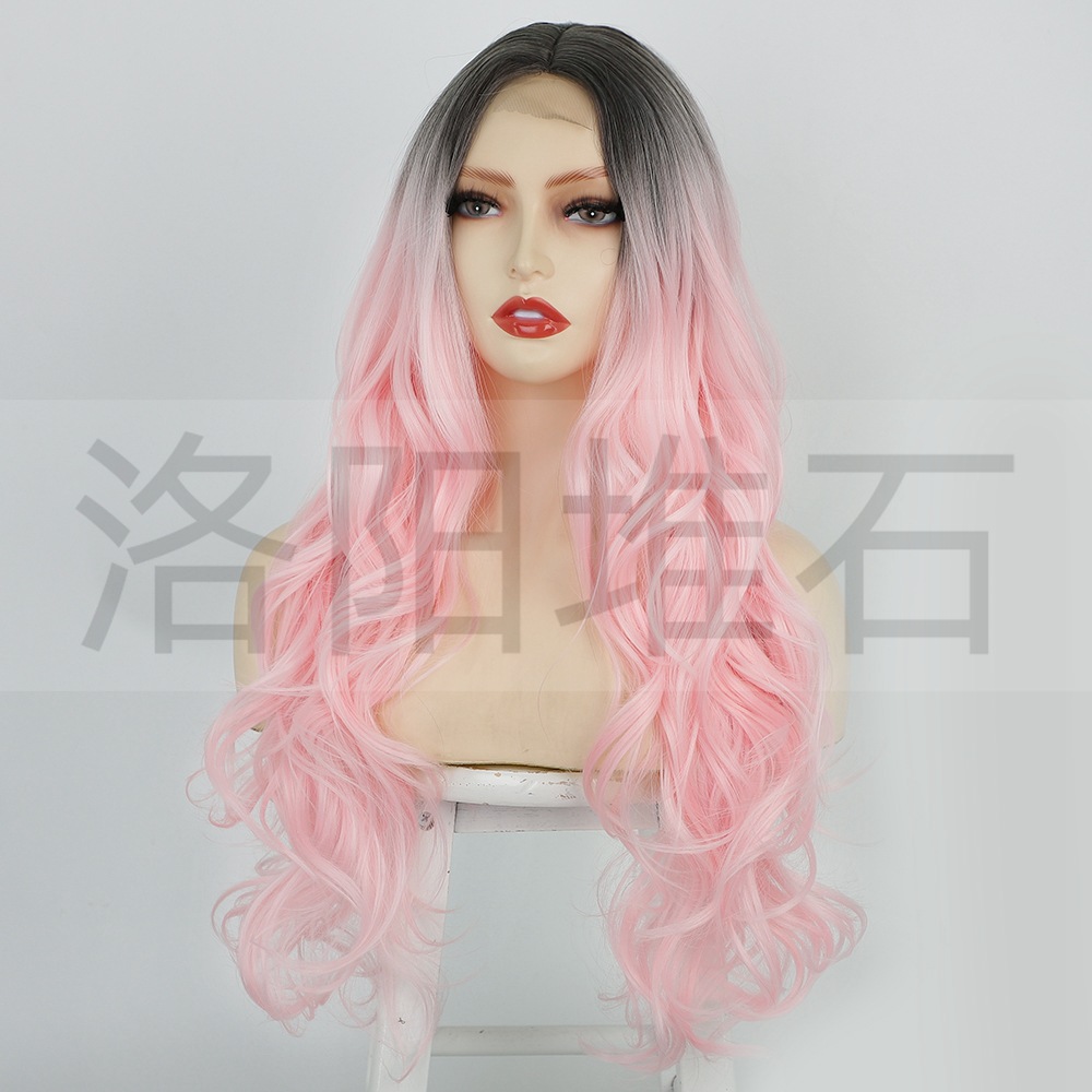 Wig Small Lace Long Curly Hair Big Wavy Gradient Pink Chemical Fiber Headgear display picture 5