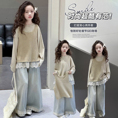 女の子セット春秋2025新型子供洋気長袖春服中大童韓版爆街馬甲三点セット