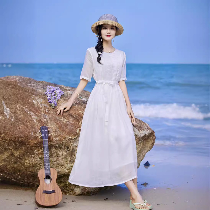 2025 Summer New Style White Lightweight Ramie Crepe Dress with Flowing Double-Layered Non-Transparent Mid-Sleeve Casual Long Dress