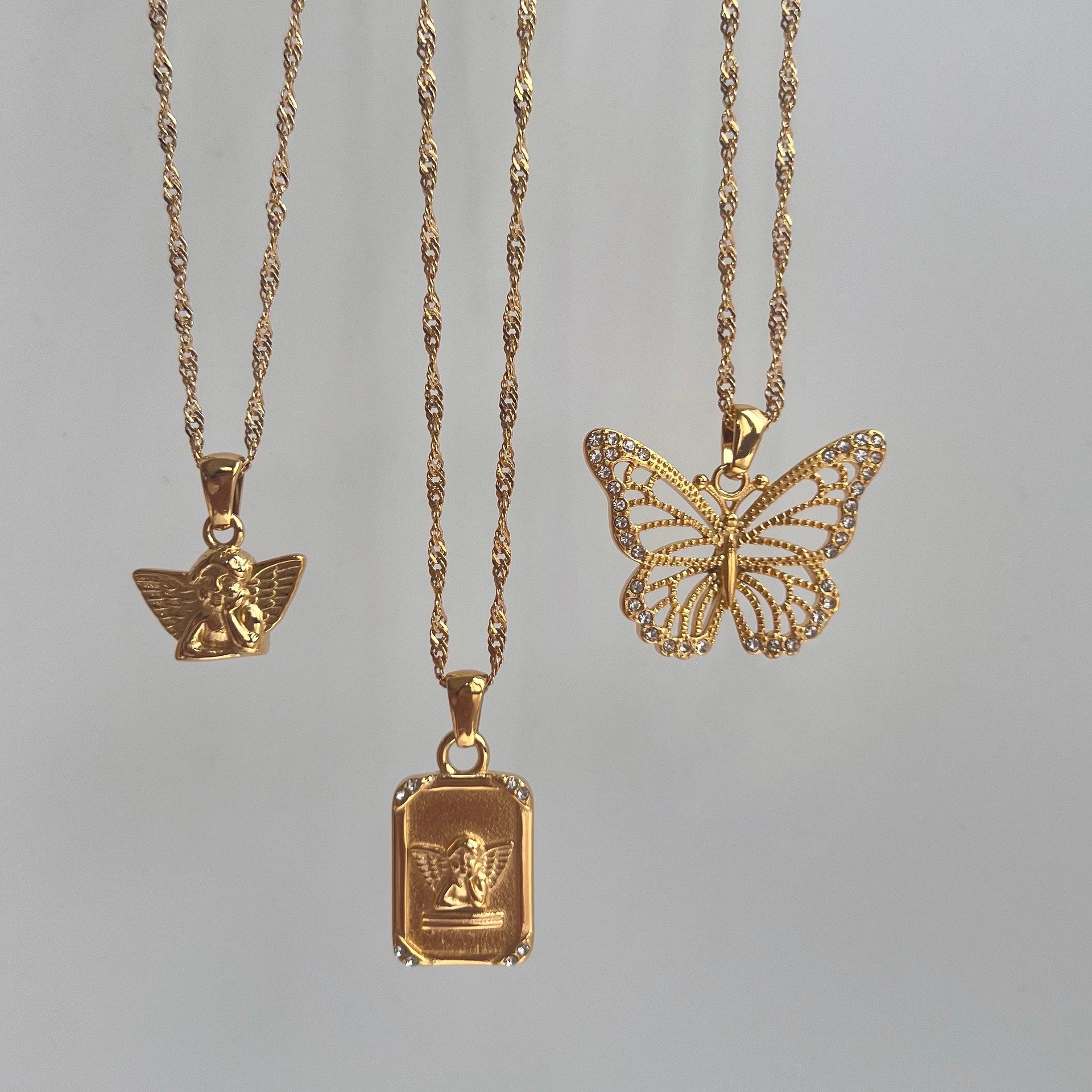 Wholesale British Style Square Butterfly Titanium Steel 18K Gold Plated Artificial Gemstones Pendant Necklace_colorza_3