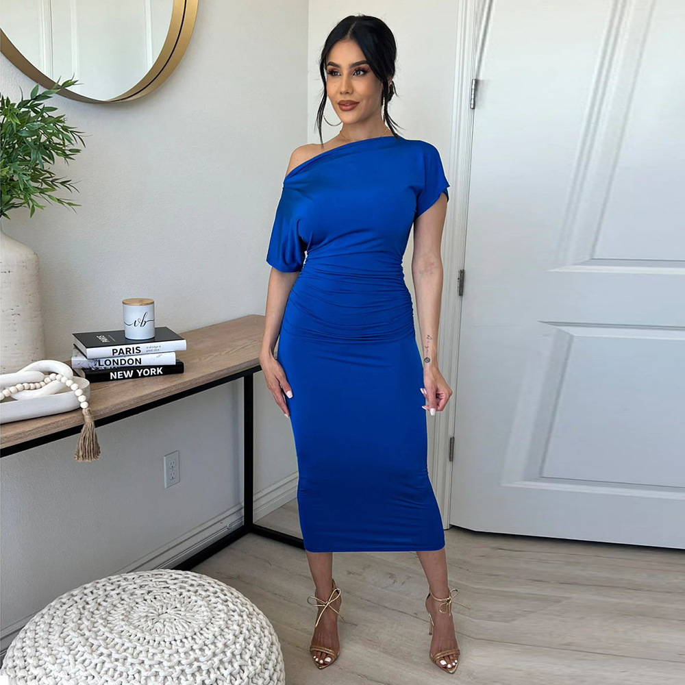 Women Clothing Popular Solid Color Pleated Slim-Fit Oblique Shoulder Dress 17 Women Clothing Popular Solid Color Pleated Slim-Fit Oblique Shoulder Dress