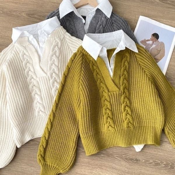 Sweater Autumn and Winter Patchwork Women's Shirt Outerwear Design Niche Turn-Down Collar Loose Cable Knit Top Knitwear Fake Two-Piece