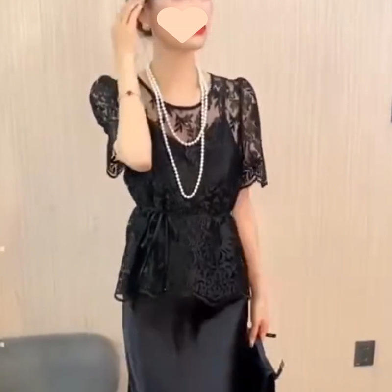 블랙 레이스 반소매 탑