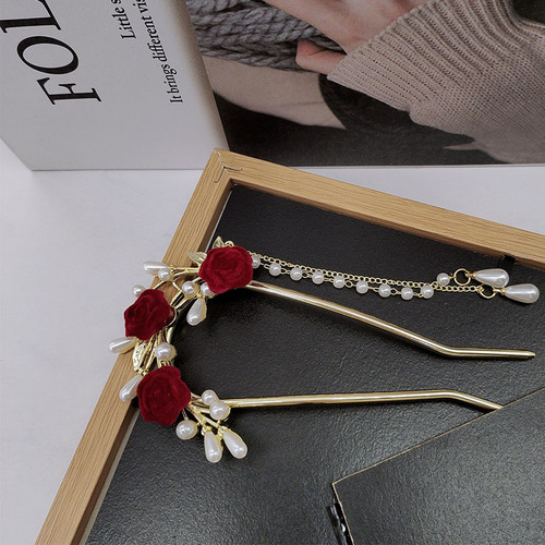 Antique rose fringe pearl side U-shaped hairpin retro bridal toast dress headdress alloy hairpin hairpin