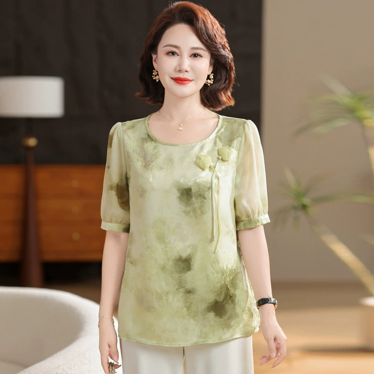 2025 новая летняя футболка для мам для женщин, уменьшающая возраст 50 лет, модный китайский стиль, модные рубашки среднего и пожилого возраста.