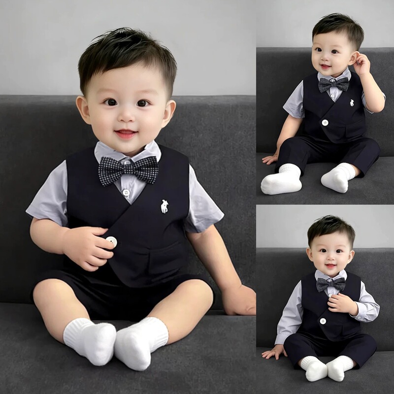 One-Year-Old Boy's Birthday Party Summer New Stylish Vest Set Flower Boy Suit Toddler Suit