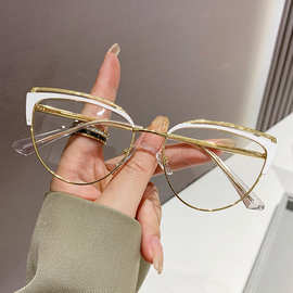23跨境新款金属防蓝光变色平光眼镜猫眼框素颜显脸小可配近视框架