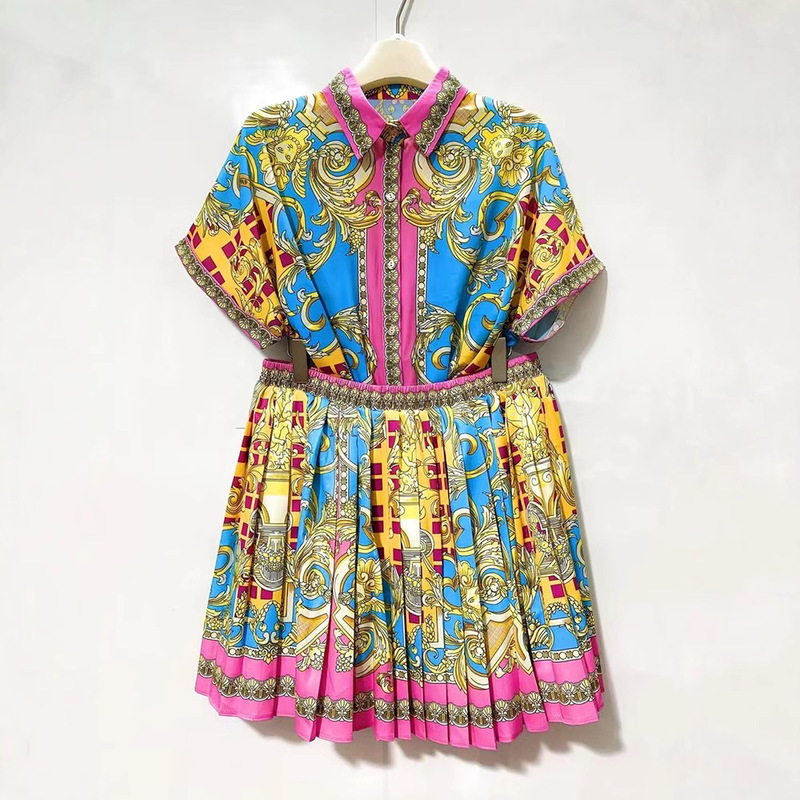 2026 Cross-Border Foreign Trade Women's Clothing Retro Geometric Positioning Print Short-Sleeved Shirt Two-Piece Set + Loose Skirt Suit