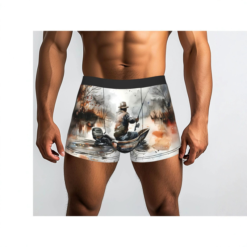 Ink painting of a boat angler by the lake print men's casual shorts, loose and breathable, trendy beach shorts