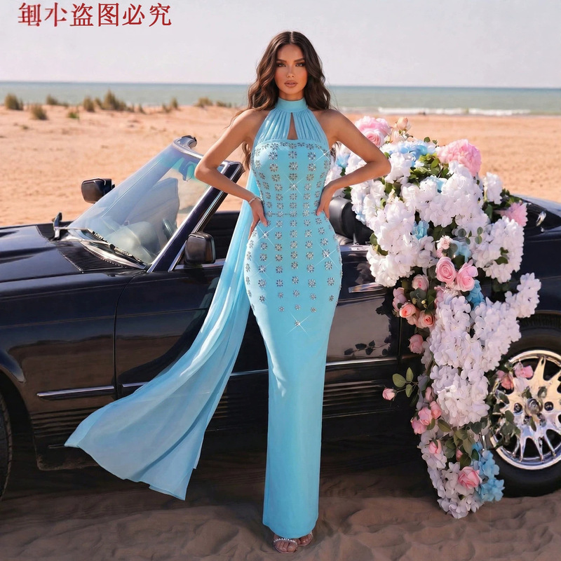 Elegant, light-luxury, heavy-duty rhinestone embellished halter neck backless bandage long dress with ribbons, women's formal evening party dress