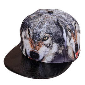 外贸新款动物造型男时尚嘻哈帽跨境印刷狼图腾街舞嘻哈平沿鸭舌帽