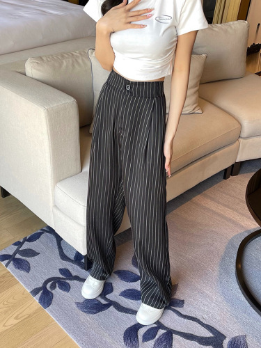Women's Loose Striped Summer Suit Pants with Drape, Casual Long Trousers, Korean Style, Trendy High-Waisted Wide Leg Straight Leg Slimming