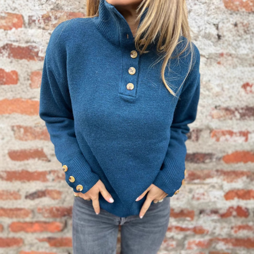 Amazon 2025 European and American cross-border autumn and winter new style stand-up collar knitwear solid color button casual loose sweater women 