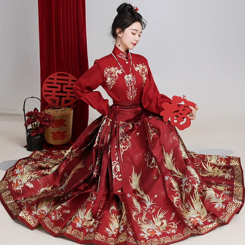 Set, Hanfu, red spring evening dress, Chinese style