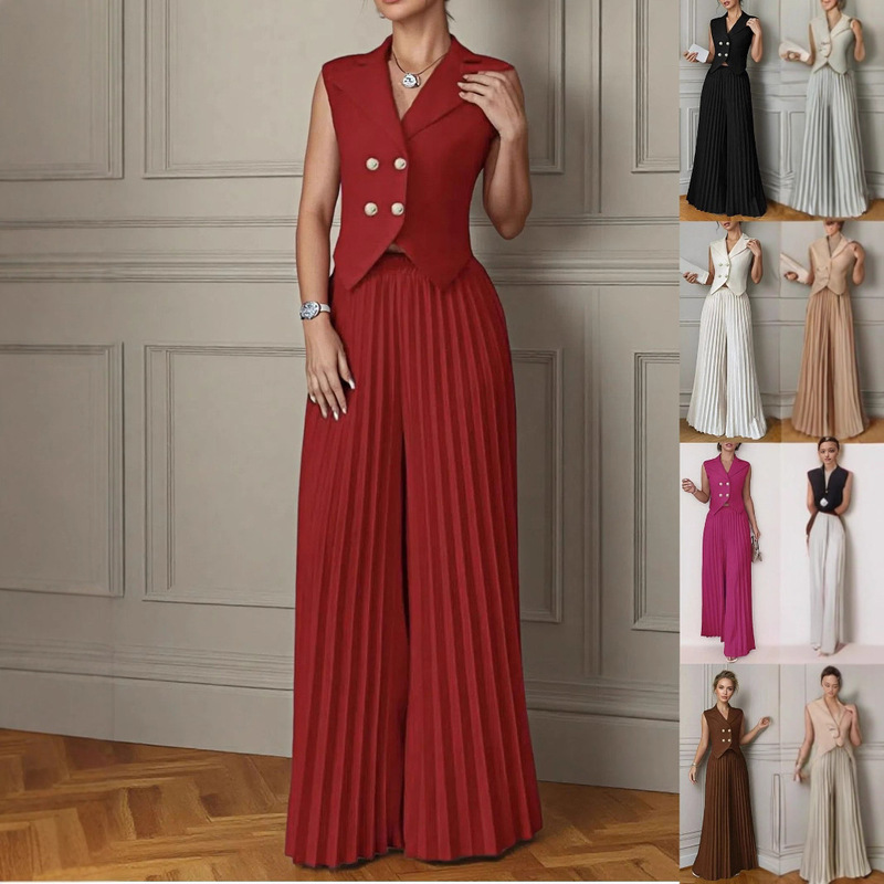 2025 European and American Fashion Cross-Border New Fashion Vest Pleated Skirt Pants Two-Piece Long Pants Suit for Women