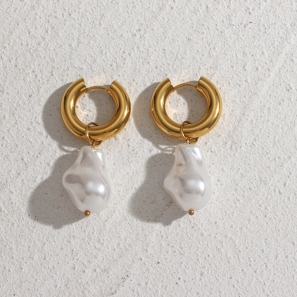 Women'S Gender Retro Style PVD Coated Real Gold Plated 18K Gold Irregular Water Droplets 304 Stainless Steel Imitation Pearl Retro Waterproof Non Tarnish Earrings