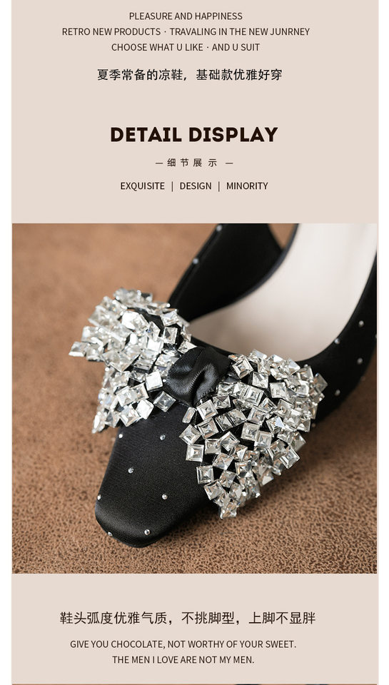 Sandal nữ bít mũi hở gót gót vuông đính đá thắt nơ, quai co giãn — Màu be, Màu hồng nhạt, màu đen chi tiết 5