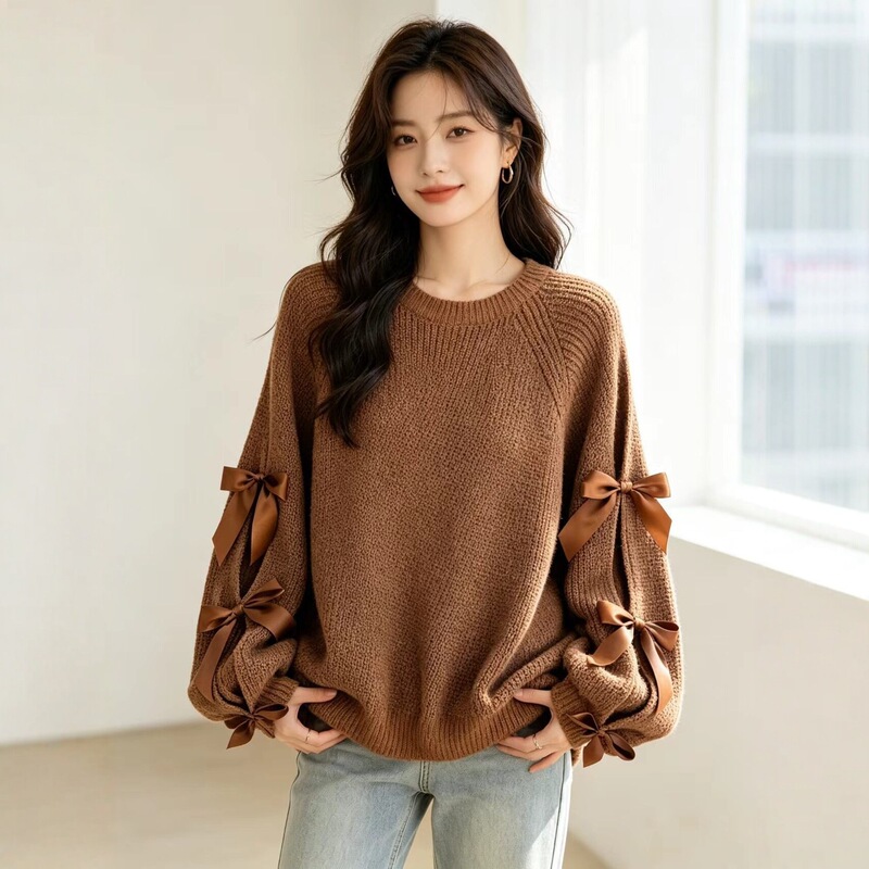 Cross-border early autumn American sweet bow sweater, loose plus size long-sleeve knitted pullover, Amazon women's clothing Cross-border early autumn American sweet bow sweater, loose plus size long-sleeve knitted pullover, Amazon women's clothing