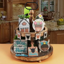 新品 美式乡村高地牛房屋款分层托盘装饰品 桌面木制工艺品摆件