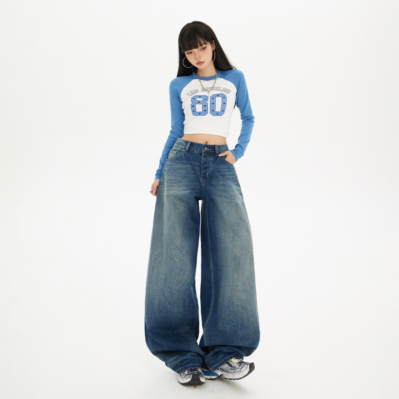 【今茵】时尚潮牌单品美式复古高腰宽松阔腿裤百搭渐变牛仔裤女潮|undefined