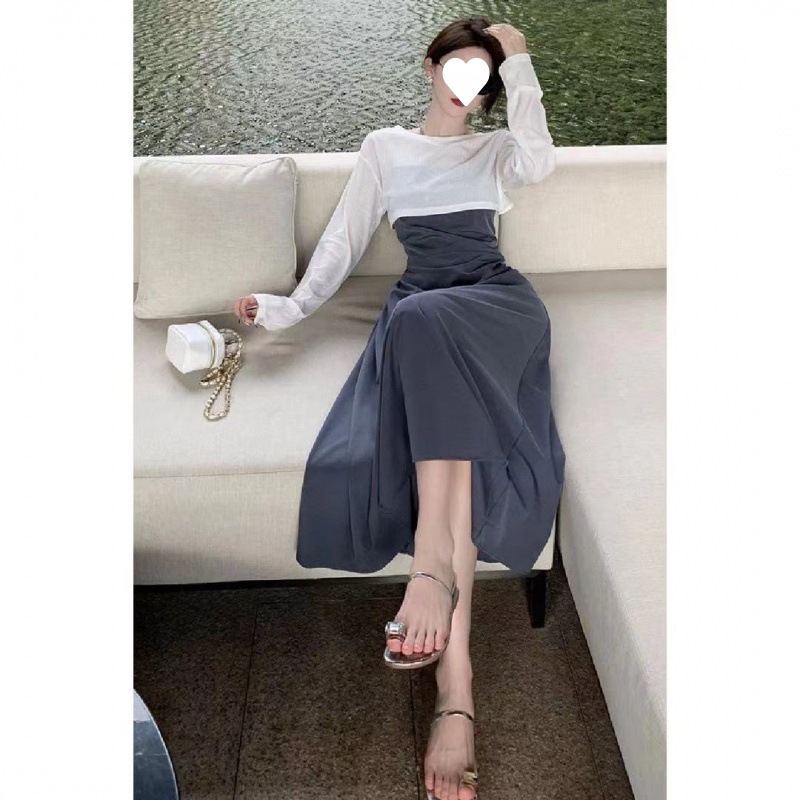 (2개) 여신 유지에 세트 여성을위한 올매치 긴팔 선 스크린 블라우스 섹시한 백리스 스트랩 원피스