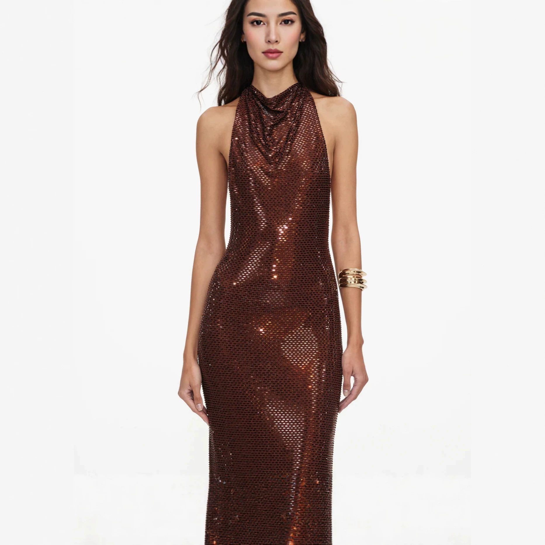 2026 European and American new fashion round-neck sleeveless slim-fit dress with intricate rhinestone embellishments, suitable for parties and banquets