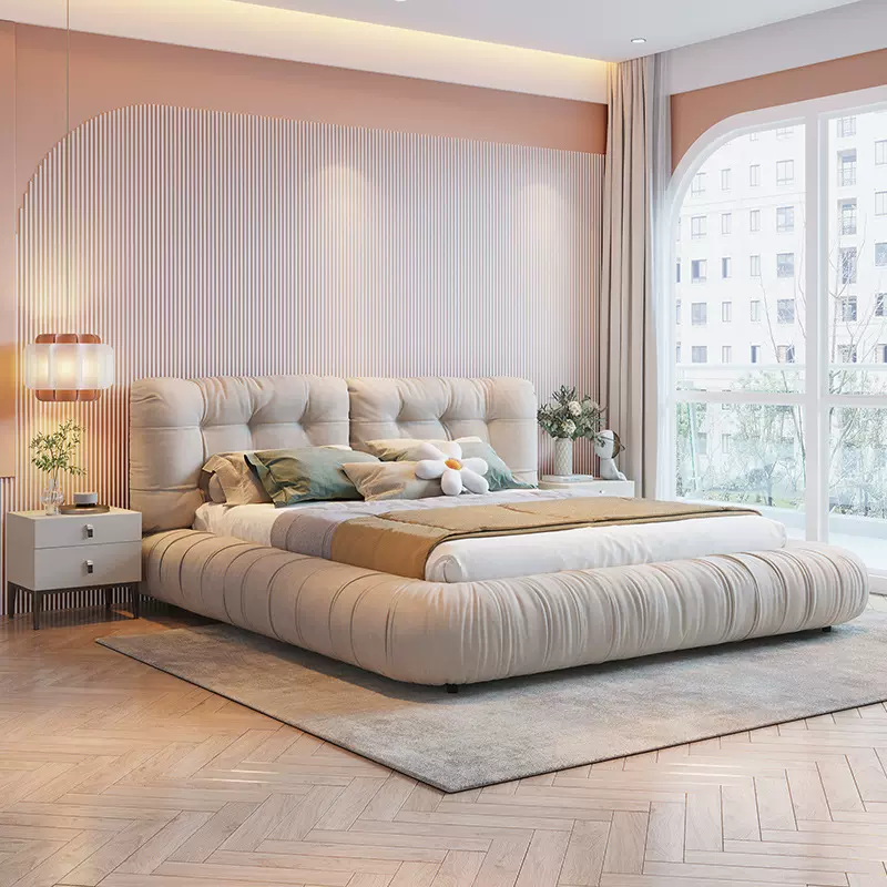 意式极简布艺床现代简约主卧双人床北欧轻奢软包内嵌床科技布婚床