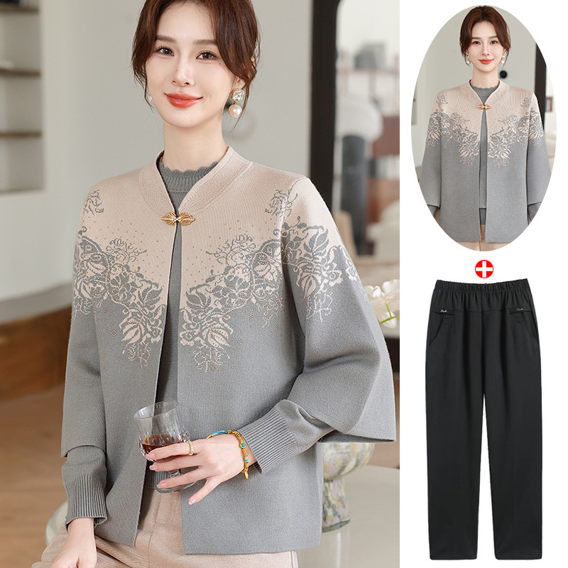2025 New Mother's Autumn Cardigan Middle-Aged and Elderly Women's Autumn and Winter Sweater Jacket Wedding Banquet Dress Two-Piece Suit