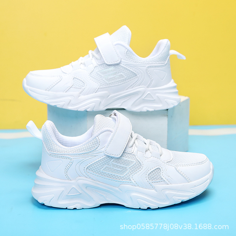 Autumn New White Children's Sports Shoes, Small White Shoes, Medium and Large Children's Breathable Student Sneakers, White Running Shoes