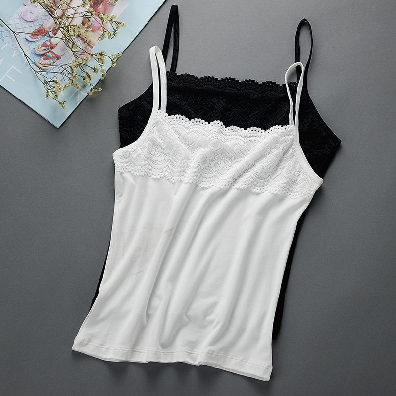 Women's Cotton Camisole, New Slim-Fit Plus-Size Top for Spring and Summer, Lace Inner Wear, Black and White Base Shirt