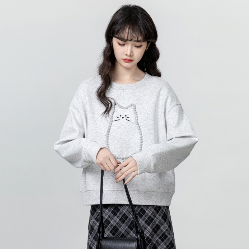 灰色圆领长袖卫衣女秋2025春秋新款韩版宽松卡通无帽套头薄款上衣|undefined
