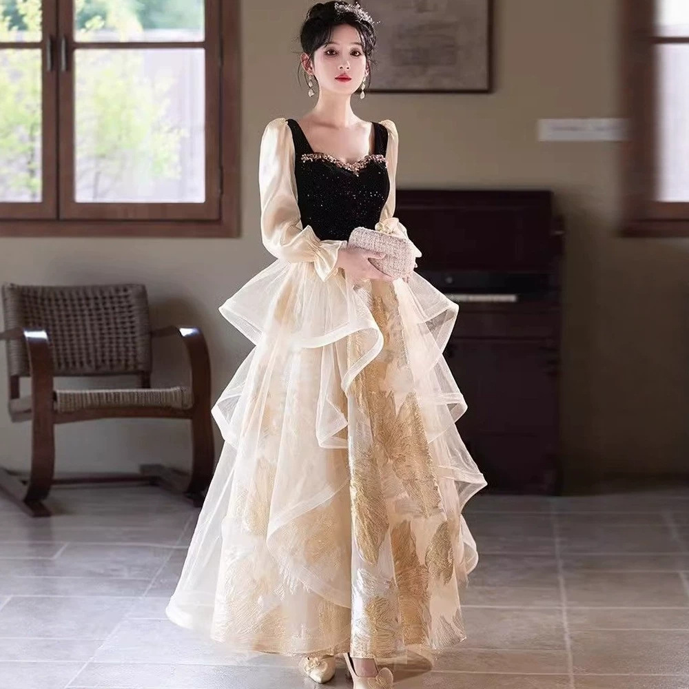 Đầm dạ hội nữ kiểu Pháp cổ yếm dáng suông midi — Màu ảnh 2503