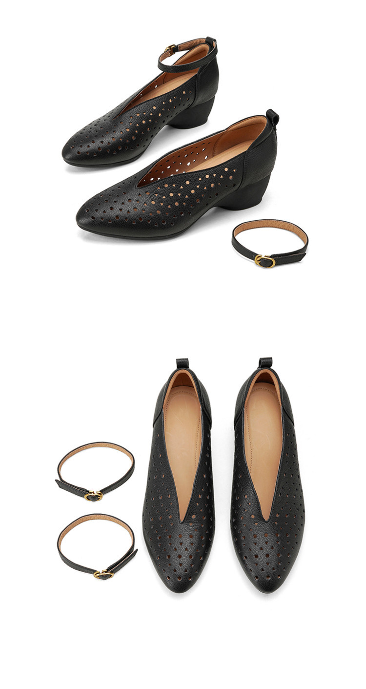 Sandal nữ mũi nhọn quai ngang gót trung bình phong cách retro thoáng khí — đen, mơ chi tiết 15
