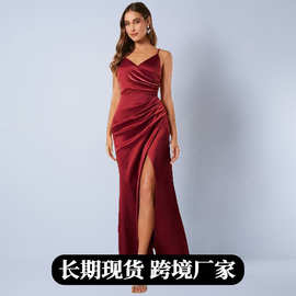 外贸亚马逊女装日本仿真丝连衣裙 春季缎面性感褶皱伴娘礼服裙子