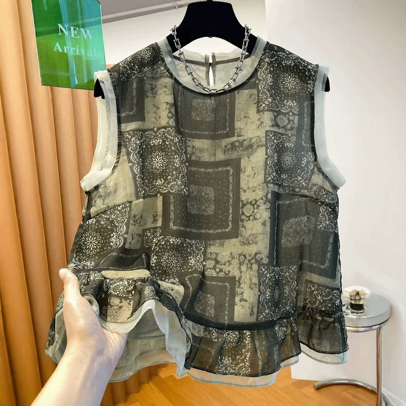 Retro Ethnic Style Sleeveless Chiffon Top for Women, New Summer Style, Loose and Beautiful Ruffled Shirt Vest Retro Ethnic Style Sleeveless Chiffon Top for Women, New Summer Style, Loose and Beautiful Ruffled Shirt Vest